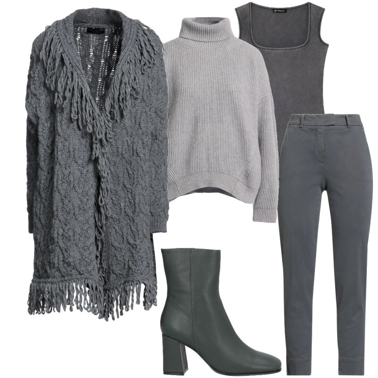 Outfit donna - Soft Grey. Stile Casual chic per Tutti i giorni. Abbinamento con cardigans, stivaletti, maglieria, pantaloni skinny, body.