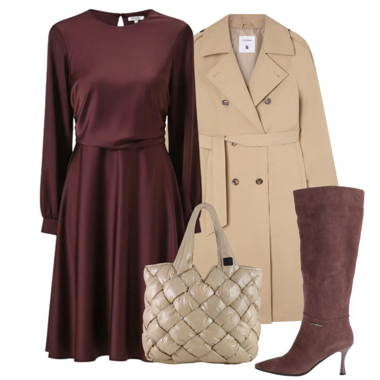 Outfit donna - Tocco chic. Stile Chic per Ufficio. Abbinamento con stivali, trench, borse tote, vestiti midi/longuette.