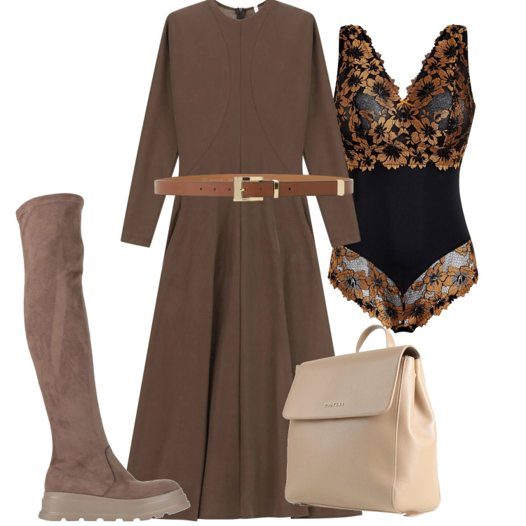 Outfit donna - Gennaio chic. Stile Chic per Tutti i giorni. Abbinamento con body, stivali sopra il ginocchio, zaini, vestiti lunghi, cinture.