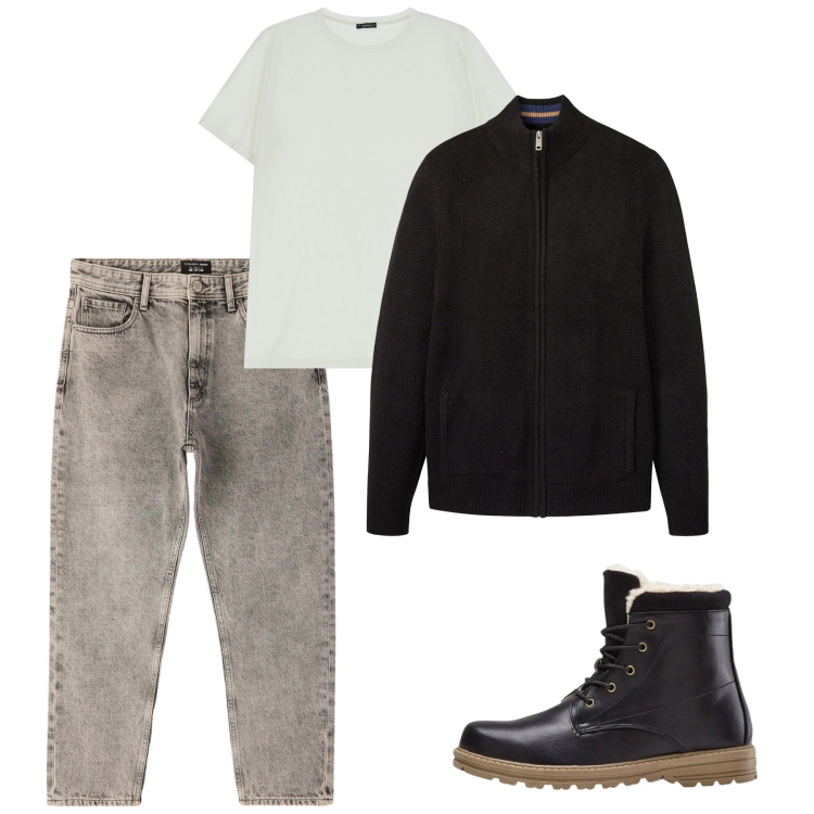 Outfit uomo - Gennaio. Stile Casual per Tutti i giorni. Abbinamento con stivali e stivaletti, cardigans, jeans dritti, t-shirt.