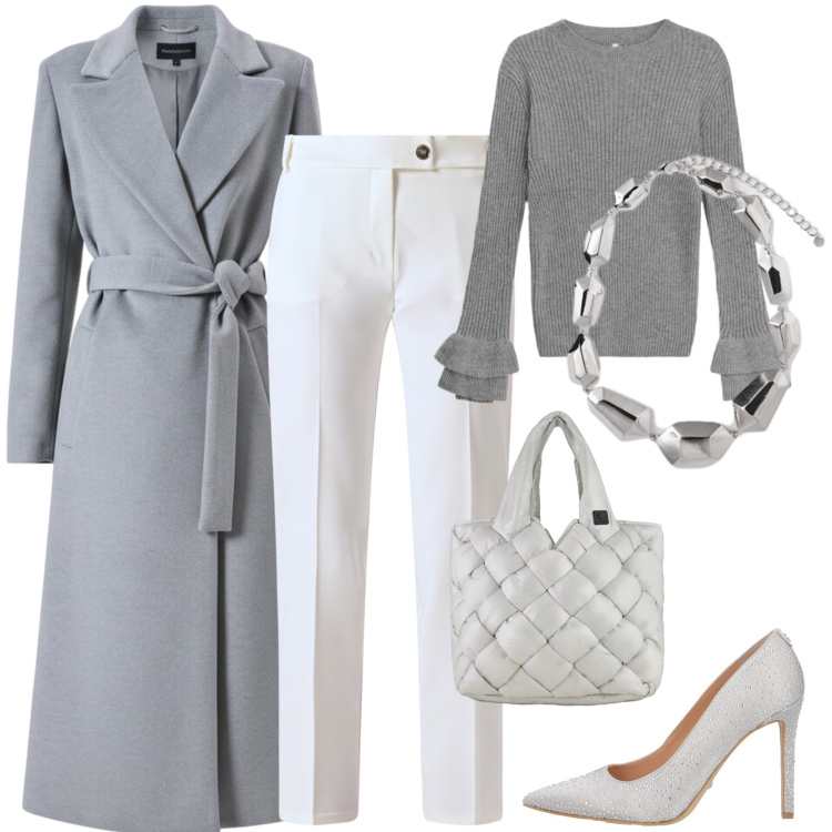 Outfit donna - Focus grey. Stile Casual chic per Ufficio. Abbinamento con décolleté, maglieria, borse tote, cappotti, pantaloni, ciondoli.