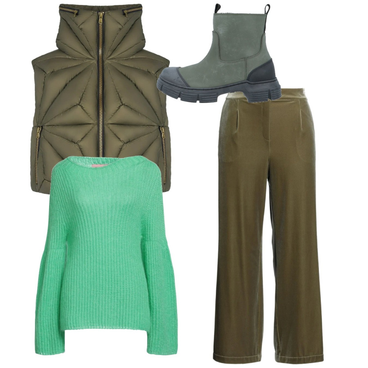 Outfit donna - Total look. Stile Chic per Tutti i giorni. Abbinamento con pantaloni, pullovers, stivaletti, piumini.