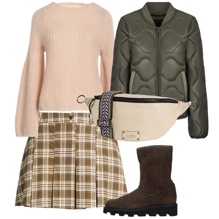 Outfit donna - Gennaio. Stile Preppy per Tutti i giorni. Abbinamento con marsupi, pullovers, stivaletti, minigonne, blazer.