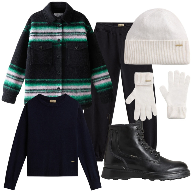 Outfit donna - Serata sulla neve. Stile Urban per Tutti i giorni. Abbinamento con anfibi, guanti, berretti, maglieria, pantaloni, cappotti.