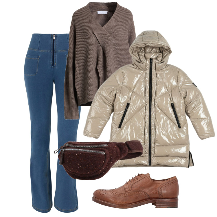 Outfit donna - Gennaio. Stile Casual per Tutti i giorni. Abbinamento con scarpe stringate, pullovers, marsupi, jeans, piumini.