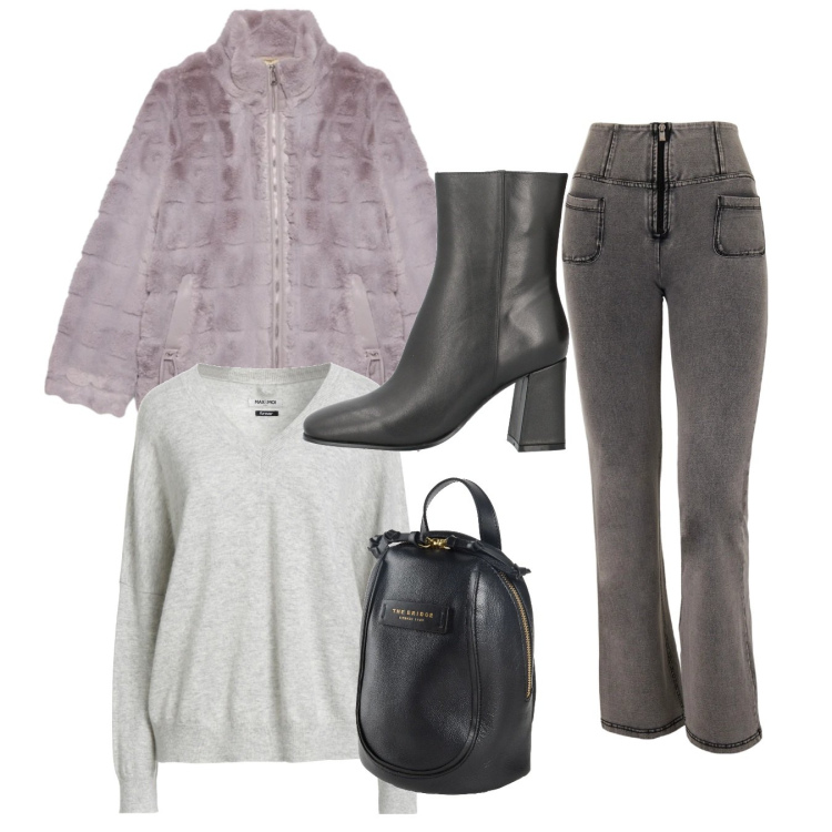 Outfit donna - Total look. Stile Urban per Tutti i giorni. Abbinamento con zaini, stivaletti, pullovers, jeans, ecopellicce.