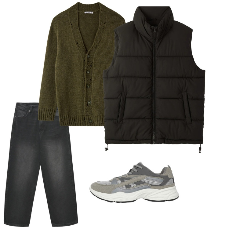 Outfit uomo - Gennaio. Stile Casual per Tutti i giorni. Abbinamento con sneakers, piumini, jeans dritti, cardigans.