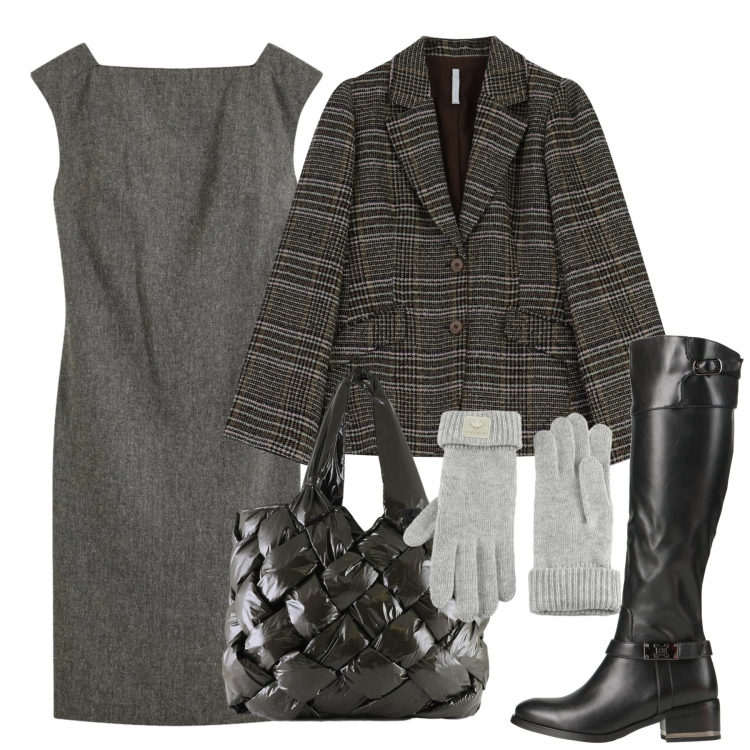 Outfit donna - Grey chic. Stile Chic per Ufficio. Abbinamento con vestiti a tubino, stivali, blazer, borse tote, guanti.