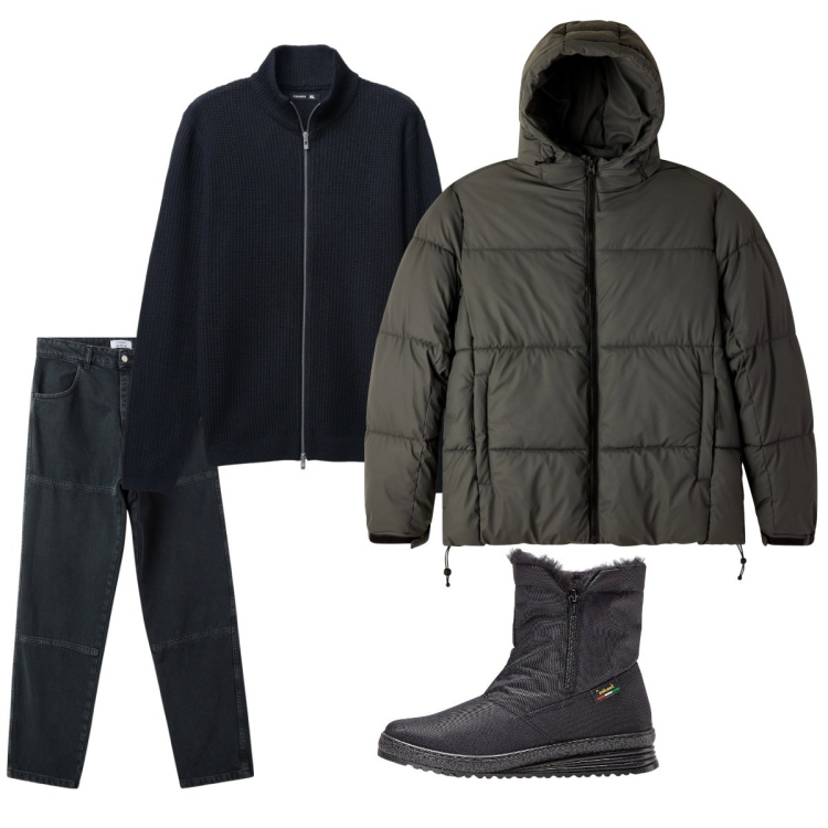 Outfit uomo - Gennaio. Stile Casual per Tutti i giorni. Abbinamento con stivali e stivaletti, pantaloni, cardigans, bomber.