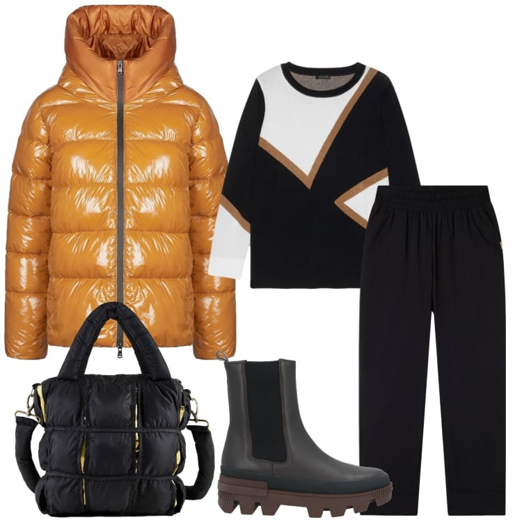 Outfit donna - Total look #2314281. Stile Casual chic per Tutti i giorni. Abbinamento con stivaletti chelsea, pantaloni, piumini, borse a mano, maglieria.