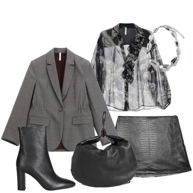 Outfit donna - Urban Noir. Stile Urban per Serata fuori. Abbinamento con zaini, stivaletti, blazer, camicie, minigonne, ciondoli.