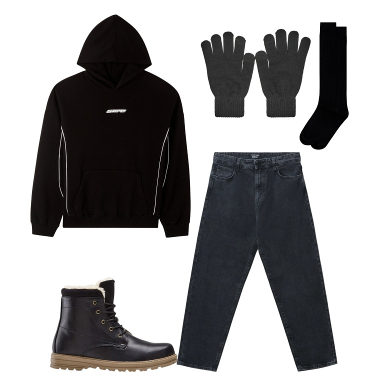 Outfit uomo - Total look #2314286. Stile Casual per Tutti i giorni. Abbinamento con stivali e stivaletti, jeans, guanti, felpe con cappuccio, calzini.