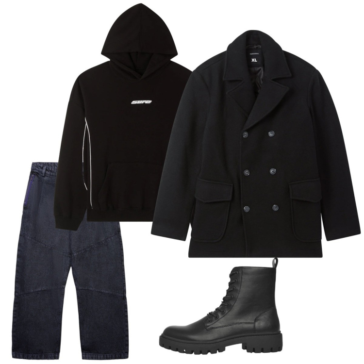 Outfit uomo - Gennaio. Stile Casual per Tutti i giorni. Abbinamento con anfibi, caban, jeans dritti, felpe con cappuccio.