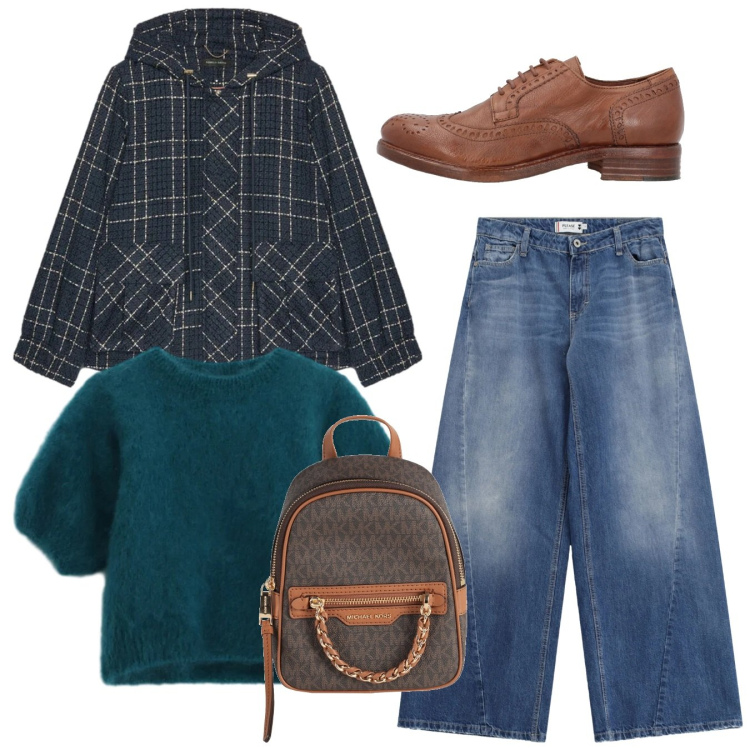 Outfit donna - Total look. Stile Mannish per Tutti i giorni. Abbinamento con zaini, scarpe stringate, jeans, t-shirt, blazer.
