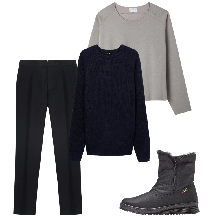 Outfit uomo - Gennaio. Stile Casual per Tutti i giorni. Abbinamento con stivali e stivaletti, maglieria, felpe, pantaloni.