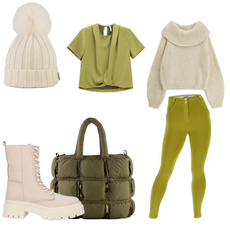 Outfit donna - Total look #2314303. Stile Casual chic per Tutti i giorni. Abbinamento con stivaletti, bluse, maglieria, pantaloni skinny, berretti, borse a mano.