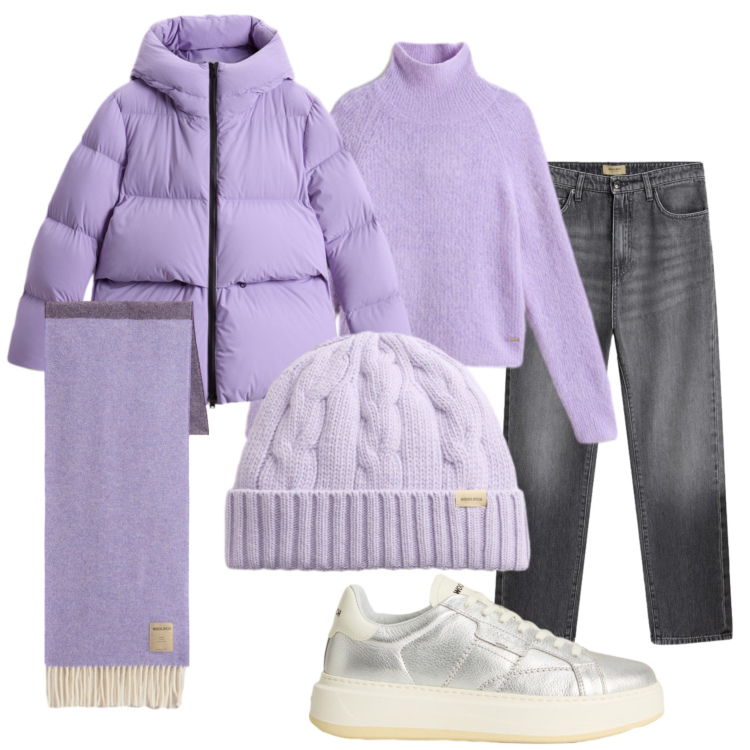 Outfit donna - Caffè pomeridiano. Stile Sporty chic per Tutti i giorni. Abbinamento con maglieria, berretti, sciarpe, piumini, jeans, sneakers.