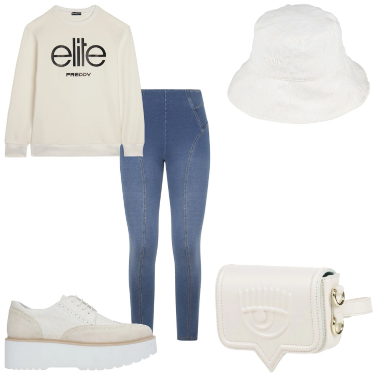 Outfit donna - Sportivo casual. Stile Casual per Tutti i giorni. Abbinamento con scarpe stringate, marsupi, cappelli, jeggings, felpe.