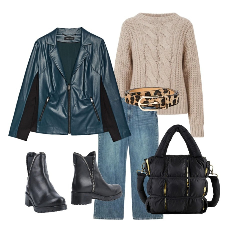 Outfit donna - Blue Leather Hug. Stile Casual chic per Tutti i giorni. Abbinamento con stivaletti, borse a mano, maglieria, giacche, jeans, cinture.