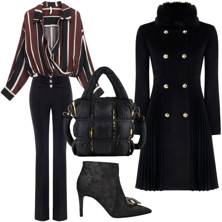 Outfit donna - Total look #2314313. Stile Chic Abbinamento con stivaletti, camicie, borse a mano, cappotti, pantaloni.