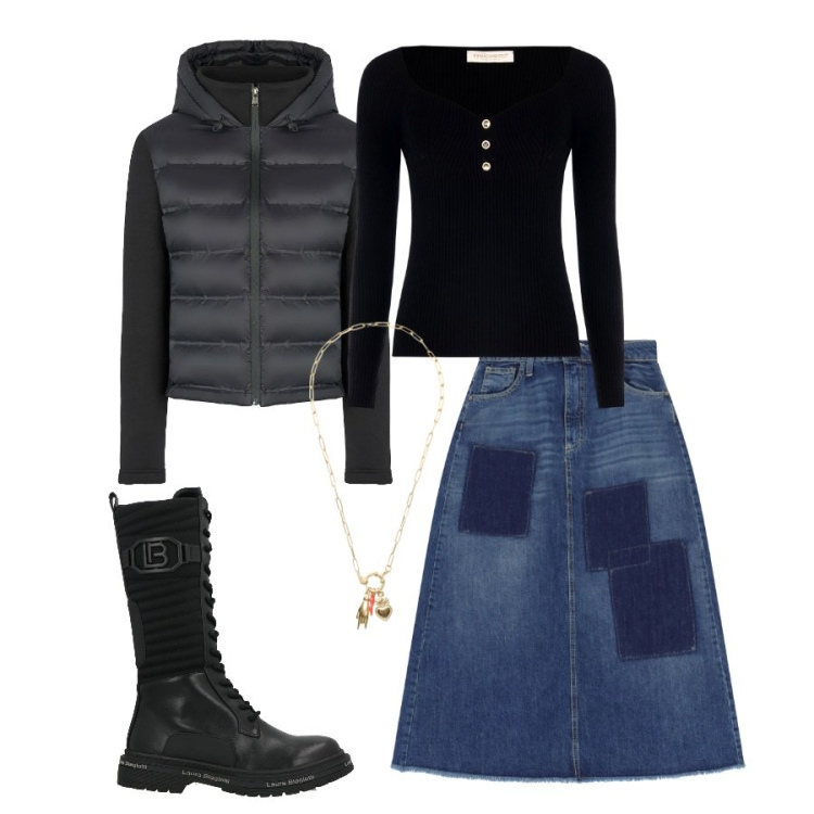 Outfit donna - Street Chic Warmth. Stile Urban per Tutti i giorni. Abbinamento con stivali, pullovers, gonne lunghe, ciondoli, piumini.