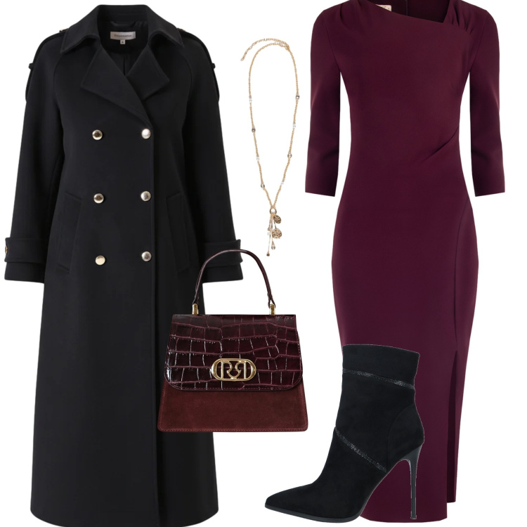 Outfit donna - Winter in black. Stile Casual chic per Ufficio. Abbinamento con stivaletti, vestiti a tubino, cappotti, borse a mano, ciondoli.