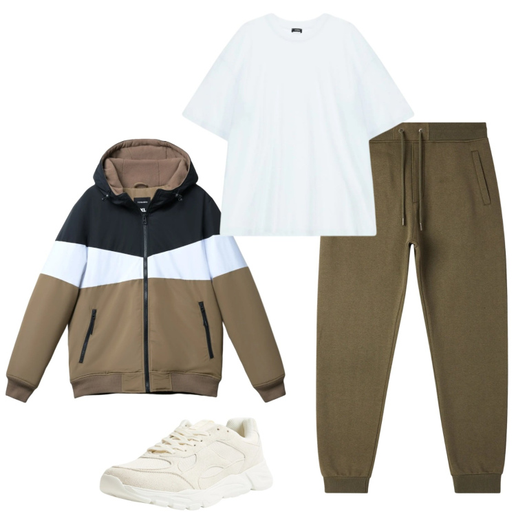 Outfit uomo - Total look #2314322. Stile Trendy per Sport. Abbinamento con sneakers, piumini, pantaloni, t-shirt.