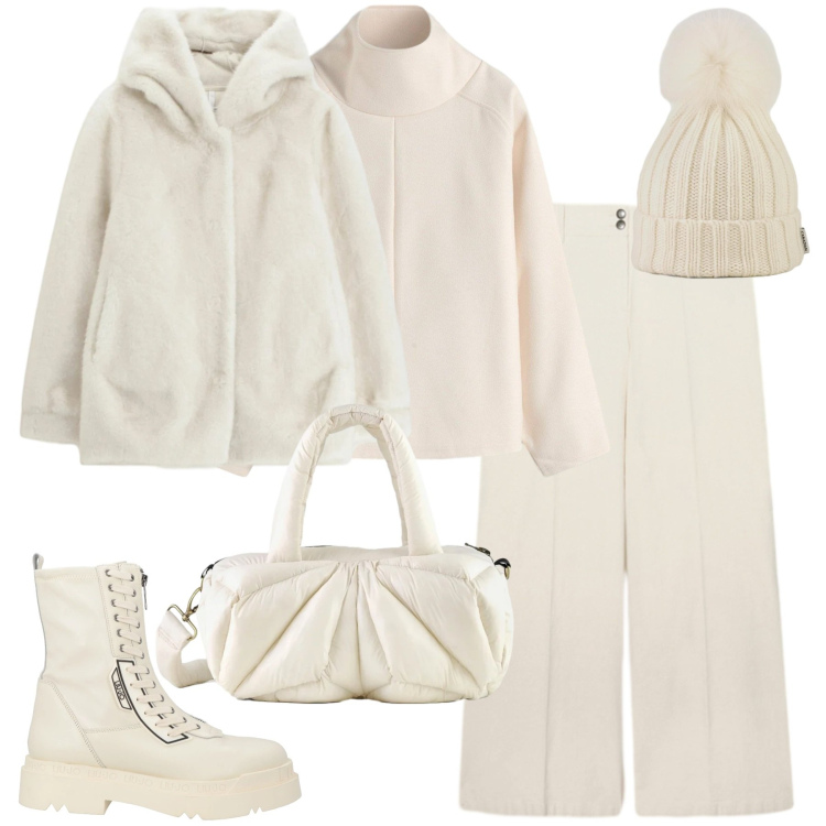 Outfit donna - Confortevole sotto la neve - Curvy. Stile Sporty chic per Tutti i giorni. Abbinamento con maglieria, anfibi, ecopellicce, berretti, borse a mano, pantaloni chino.