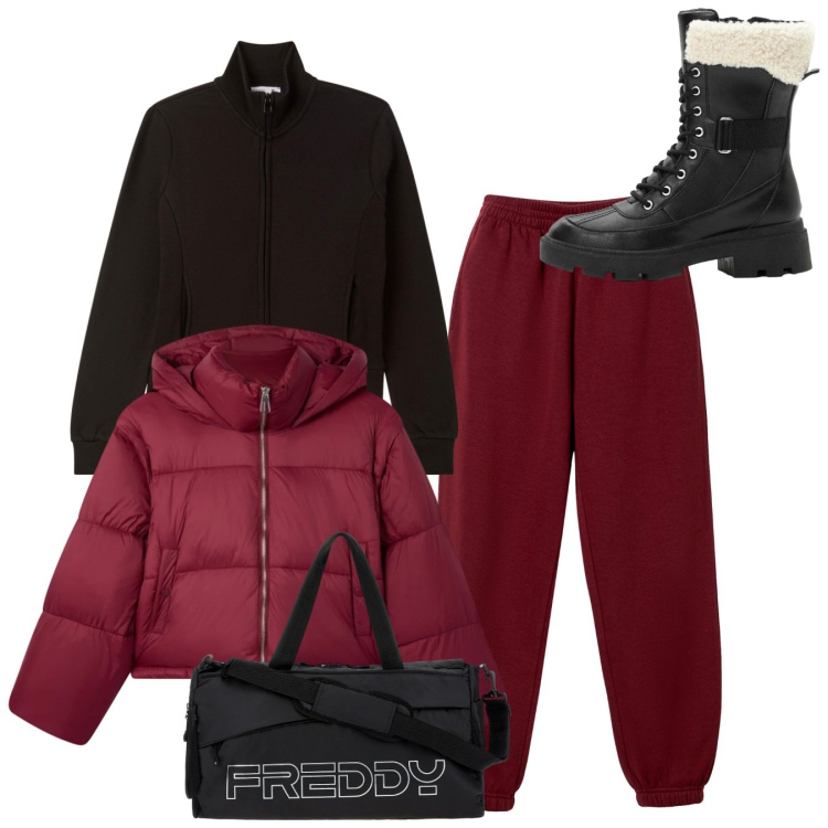 Outfit donna - Confortevole sotto la neve - Focus. Stile Casual per Tutti i giorni. Abbinamento con anfibi, bomber, pantaloni sportivi, felpe sportive, borse sportive.