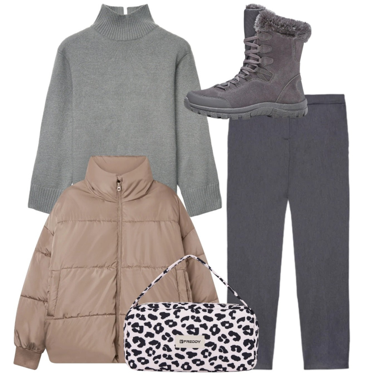 Outfit donna - Confortevole sotto la neve - Focus Donna. Stile Basic per Tutti i giorni. Abbinamento con stivaletti, maglieria, bomber, borse a spalla, pantaloni chino.