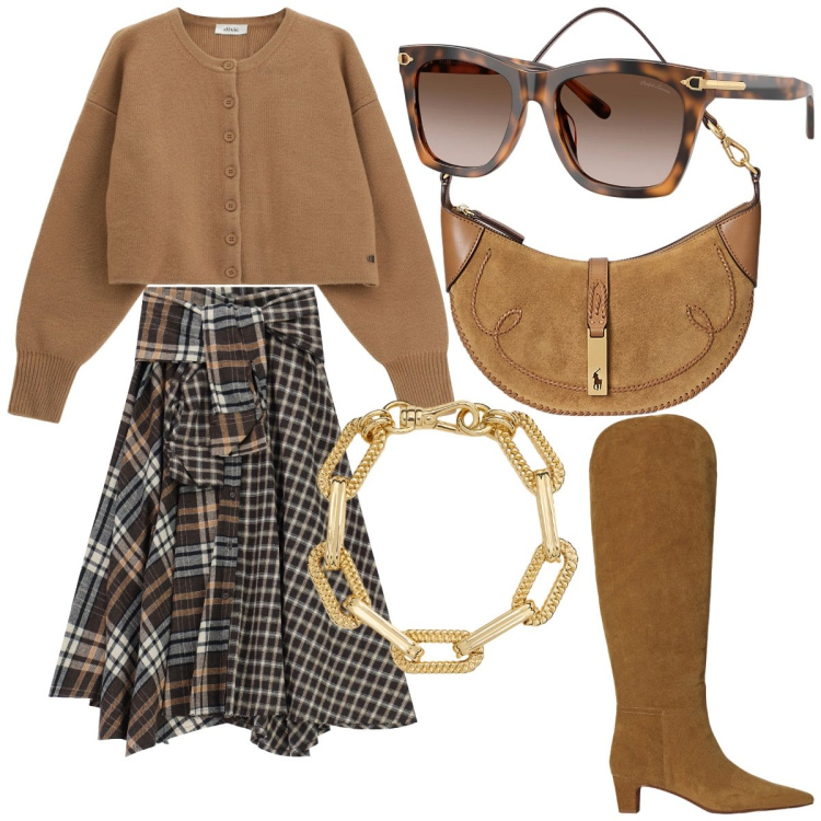 Outfit donna - Total look #2314328. Stile Casual chic Abbinamento con occhiali da sole, borse a spalla, braccialetti, stivali, gonne lunghe, cardigans.