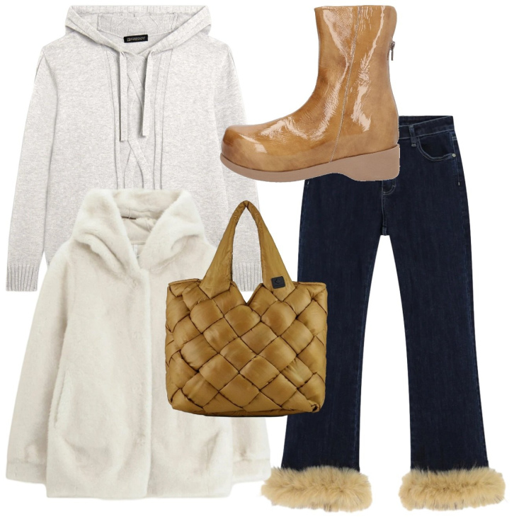 Outfit donna - Confortevole sotto la neve - Focus Donna. Stile Casual chic per Tutti i giorni. Abbinamento con stivaletti, pantaloni, ecopellicce, maglieria, borse tote.