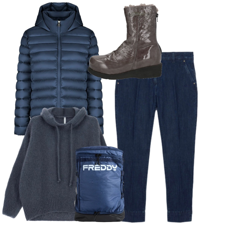 Outfit donna - Confortevole sotto la neve - Focus Donna. Stile Basic per Tutti i giorni. Abbinamento con stivaletti, maglieria, zaini, piumini, jeans.