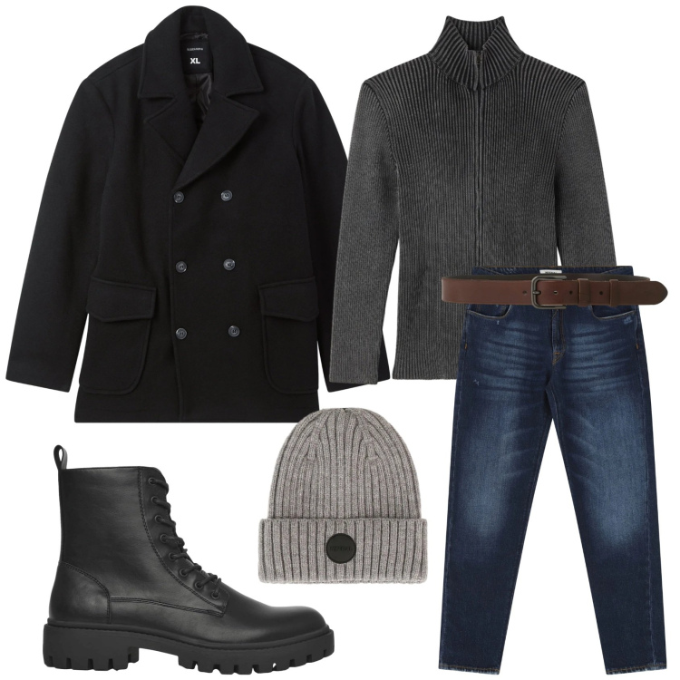 Outfit uomo - Total look #2314334. Stile Casual per Tutti i giorni. Abbinamento con anfibi, caban, cardigans, jeans dritti, cinture, berretti.