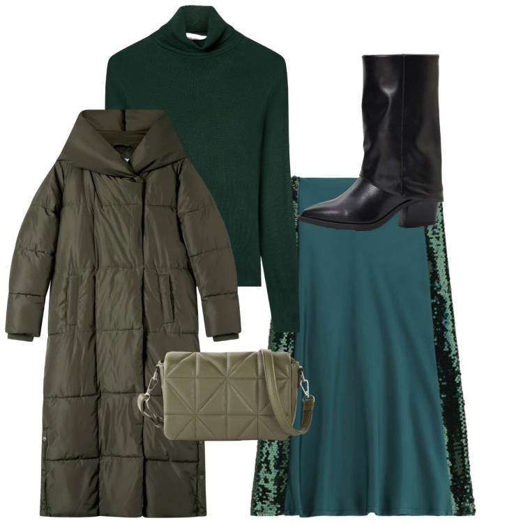 Outfit donna - Total look. Stile Chic per Serata fuori. Abbinamento con borse a tracolla, stivali, cappotti, maglieria, gonne lunghe.