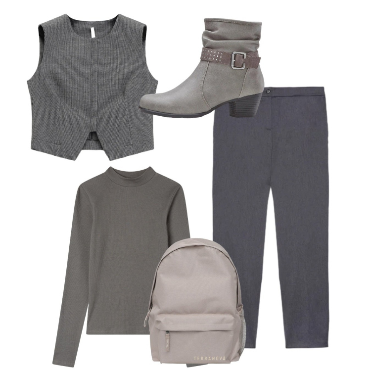 Outfit donna - Total grey. Stile Chic per Tutti i giorni. Abbinamento con stivaletti, t-shirt, zaini, gilet, pantaloni chino.