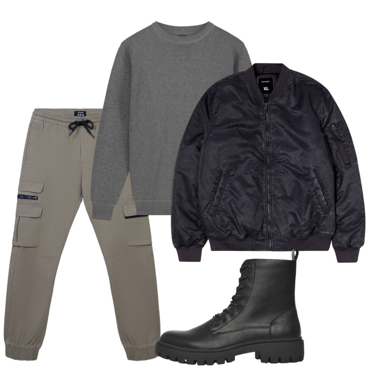 Outfit uomo - Freddo. Stile Urban per Tutti i giorni. Abbinamento con bomber, anfibi, pantaloni cargo, maglieria.