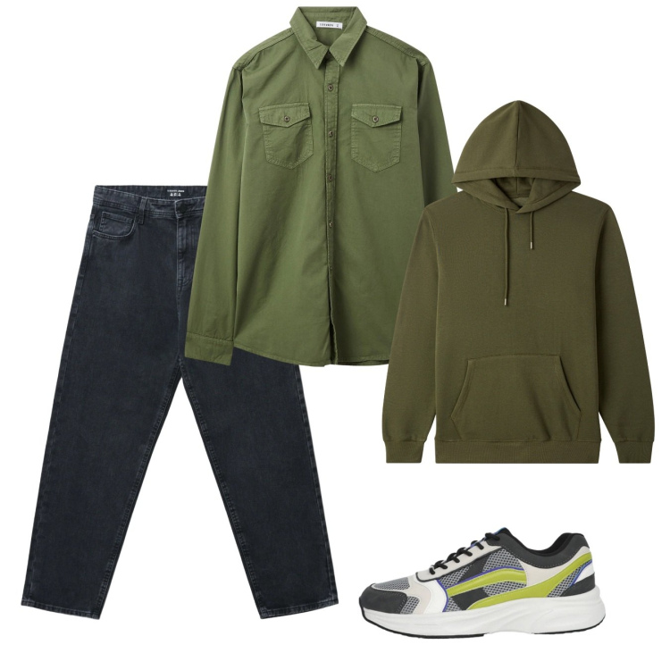 Outfit uomo - Gennaio. Stile Casual per Tutti i giorni. Abbinamento con camicie, felpe con cappuccio, jeans, sneakers.