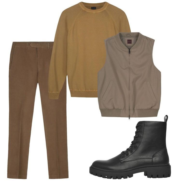 Outfit uomo - Gennaio zafferano. Stile Casual per Tutti i giorni. Abbinamento con anfibi, maglieria, piumini, pantaloni.