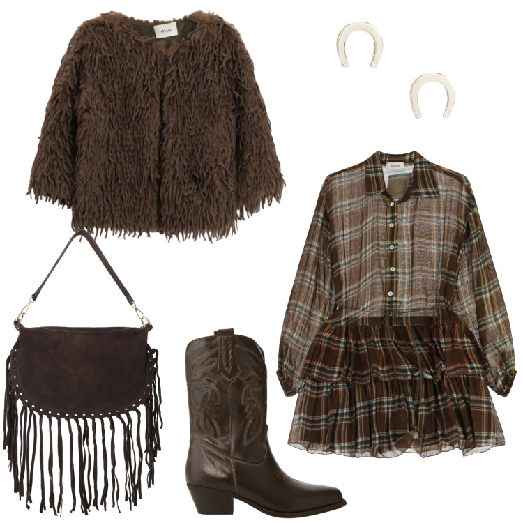 Outfit donna - Saldi Dixie FW 2025. Stile Urban per Tutti i giorni. Abbinamento con orecchini, vestiti corti, blazer, stivali, borse a tracolla.