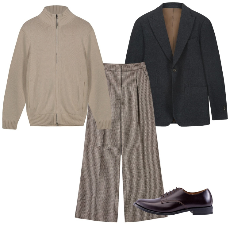 Outfit uomo - Gennaio in lana. Stile Trendy per Tutti i giorni. Abbinamento con pantaloni a palazzo, scarpe stringate, cardigans, giacche.