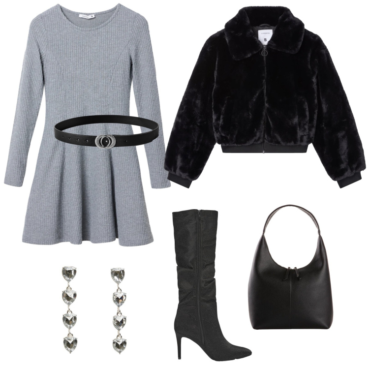 Outfit donna - Cheap and young. Stile Rock per Tutti i giorni. Abbinamento con shopping bag, ecopellicce, stivali, orecchini, cinture, vestiti corti.