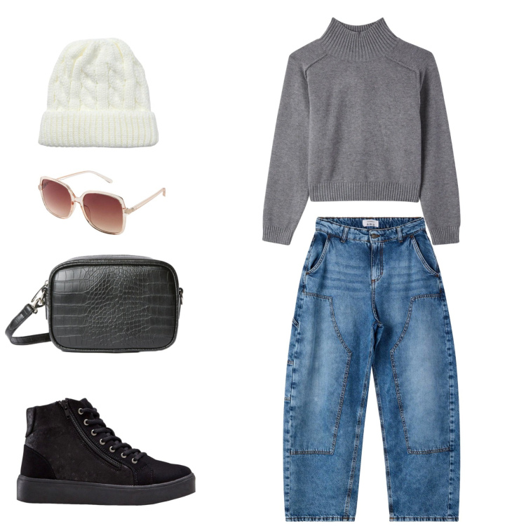 Outfit donna - Total look #2314393. Stile Casual per Tutti i giorni. Abbinamento con sneakers alte, occhiali da sole, maglieria, berretti, jeans dritti, borse a tracolla.