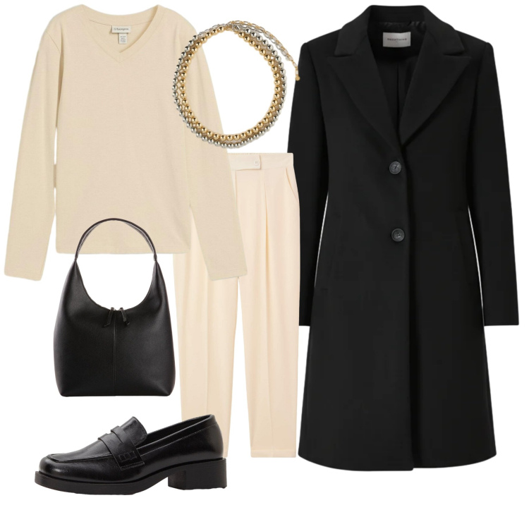 Outfit donna - Iconico cappotto nero. Stile Casual chic per Ufficio. Abbinamento con maglieria, shopping bag, mocassini, pantaloni chino, cappotti, collane.