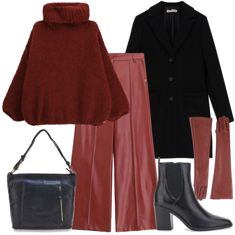 Outfit donna - Please - Saldi FW 2025. Stile Urban per Tutti i giorni. Abbinamento con pantaloni, maglieria, cappotti, guanti, stivaletti, borse a spalla.