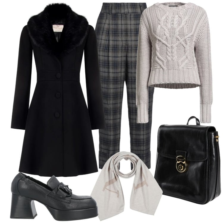 Outfit donna - Winter in Soft Grey. Stile Bon Ton per Tutti i giorni. Abbinamento con pantaloni, pullovers, zaini, sciarpe, mocassini, cappotti.