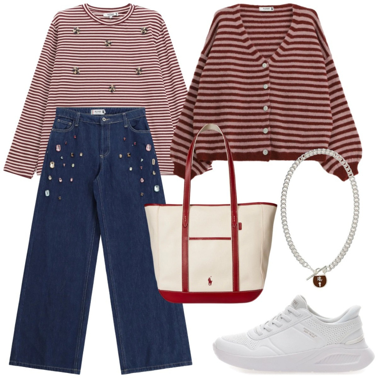 Outfit donna - Saldi FW 2025. Stile Sporty chic per Tutti i giorni. Abbinamento con cardigans, jeans, t-shirt, borse tote, ciondoli, sneakers.