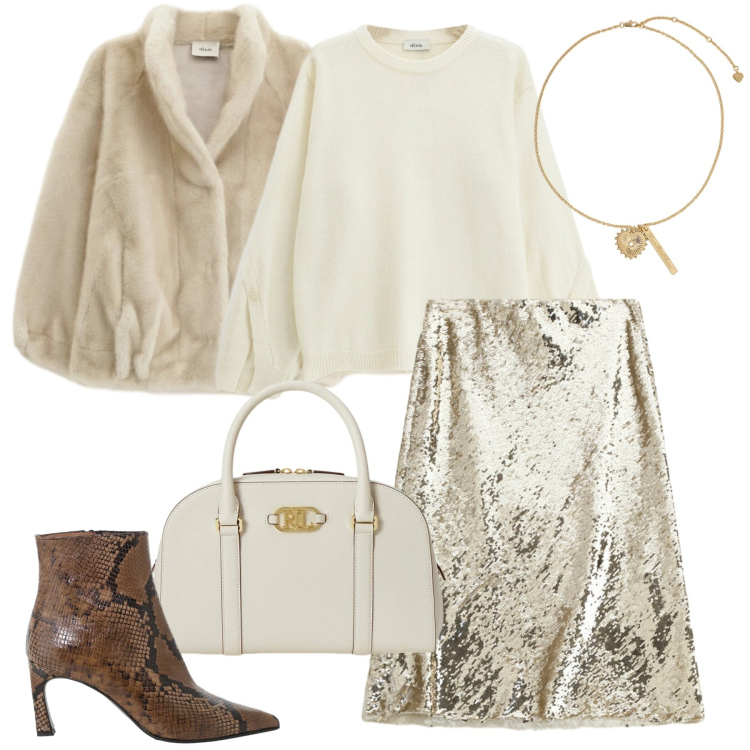 Outfit donna - Dixie - Saldi FW 2025. Stile Glamour per Serata fuori. Abbinamento con ciondoli, borse a mano, blazer, maglieria, stivaletti, gonne longuette.