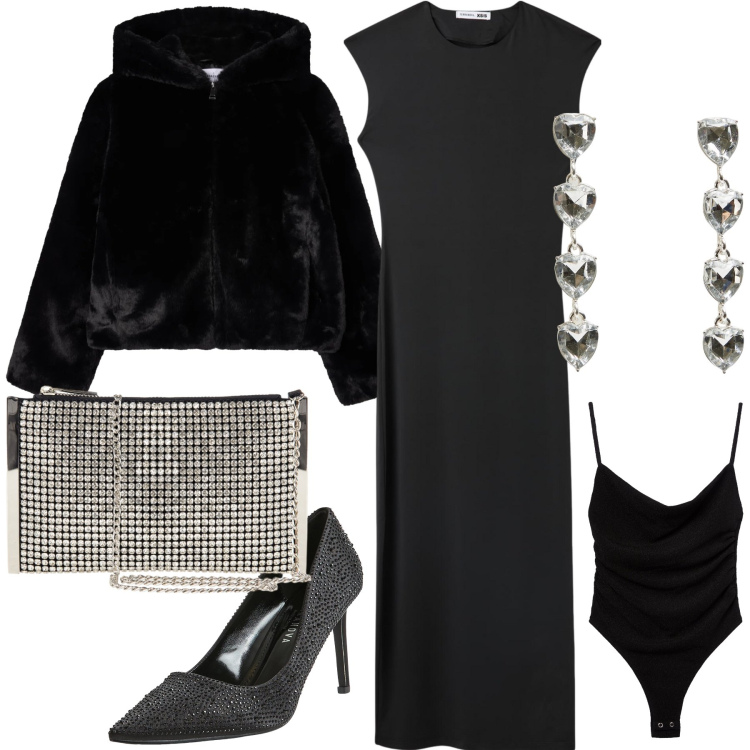 Outfit donna - Brillantemente sconti a veglione befana. Stile Chic per Serata fuori. Abbinamento con vestiti midi/longuette, ecopellicce, décolleté, orecchini, body, pochette.