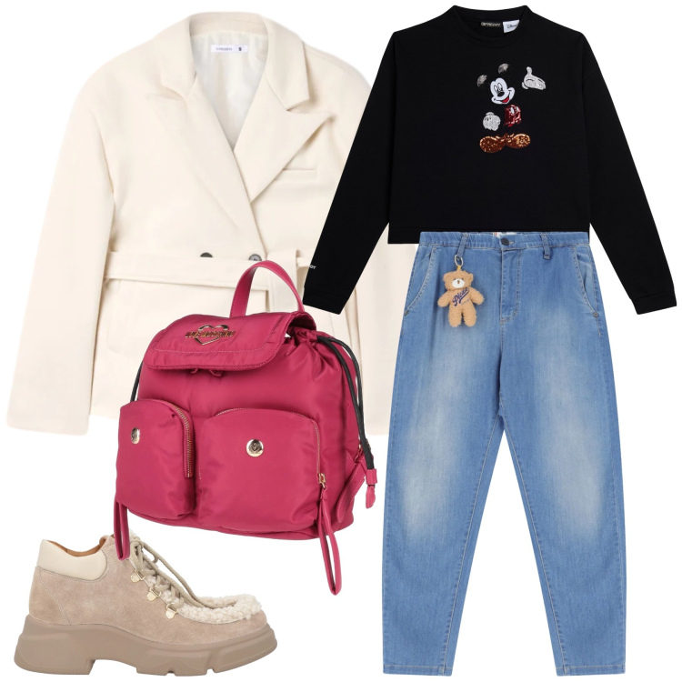 Outfit donna - Un po’ bambina. Stile Trendy per Tutti i giorni. Abbinamento con zaini, stivaletti, blazer, jeans, felpe.